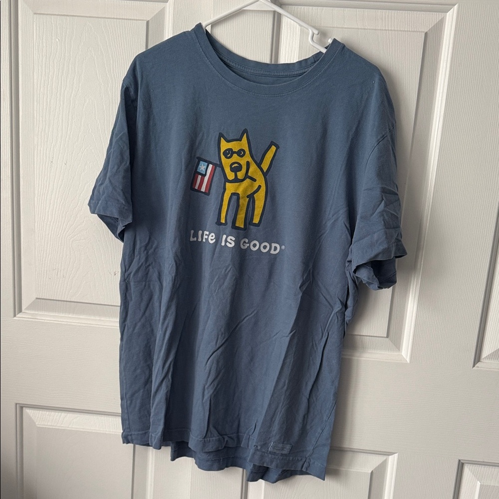 Life Is Good Blue Tee with Yellow Dog Graphic
